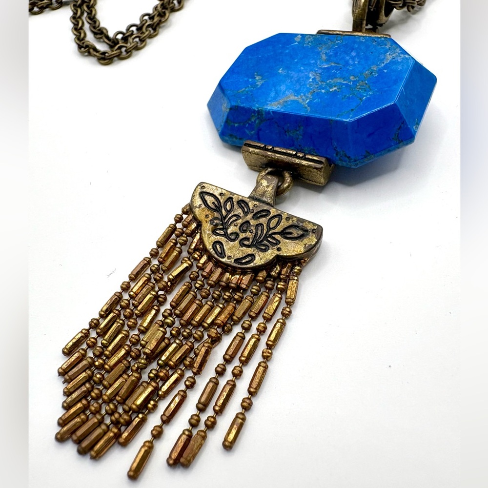 Vintage CHICO’S Royal Blue Stone Pendant Necklace w/ Antiqued Gold Fringe